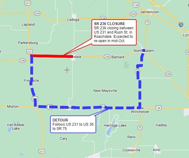New section of State Road 236 closing in Roachdale on July 22