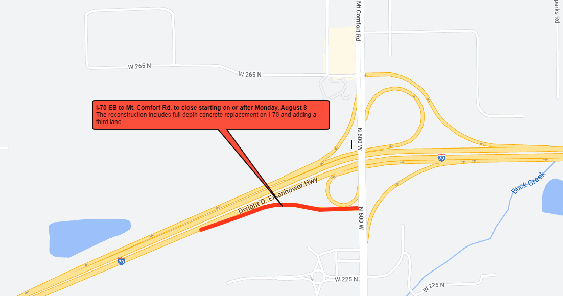 Exit closure from I70 to Mt. Comfort Road