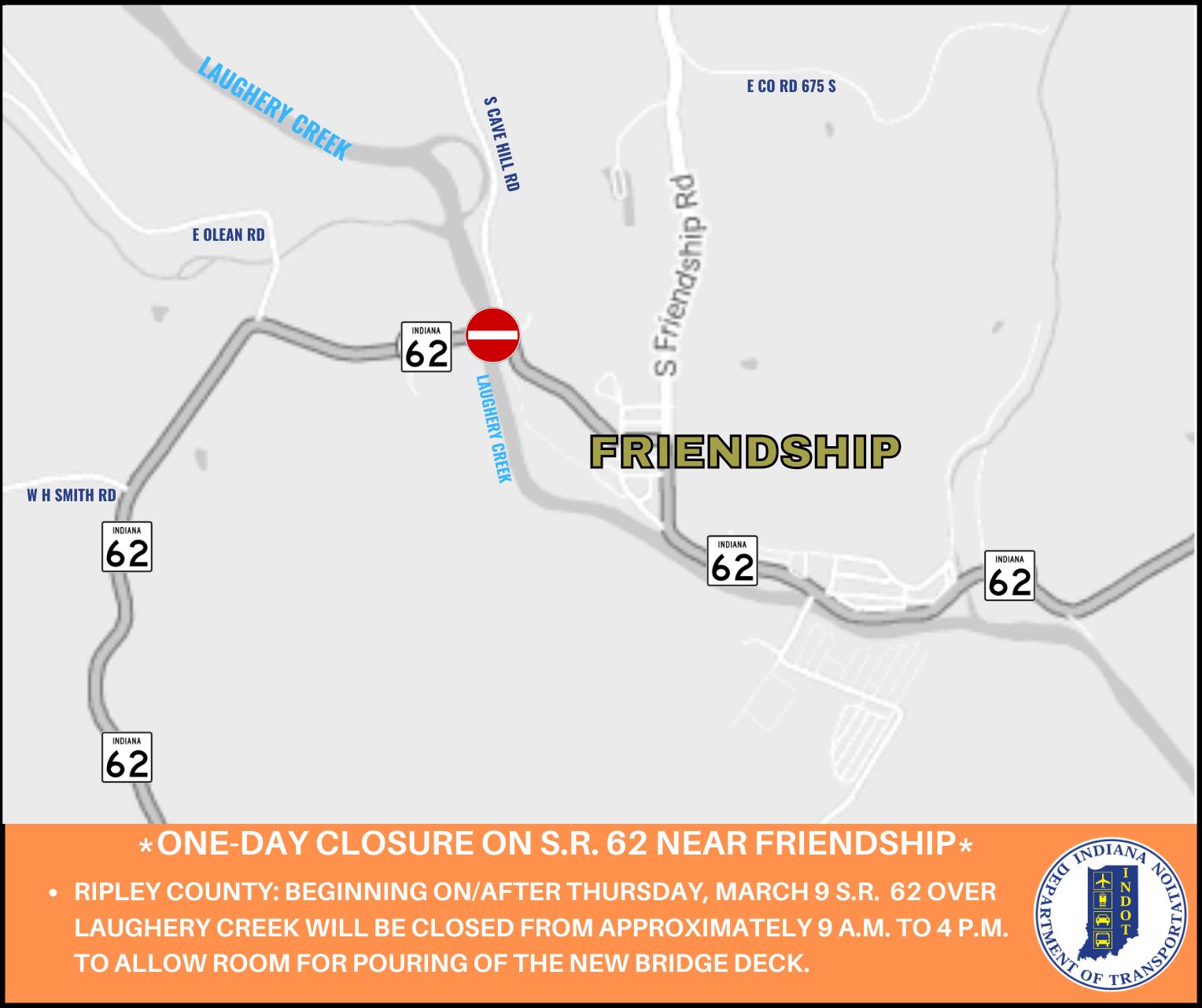 Oneday closure planned for March 9 on S.R. 62 near Friendship