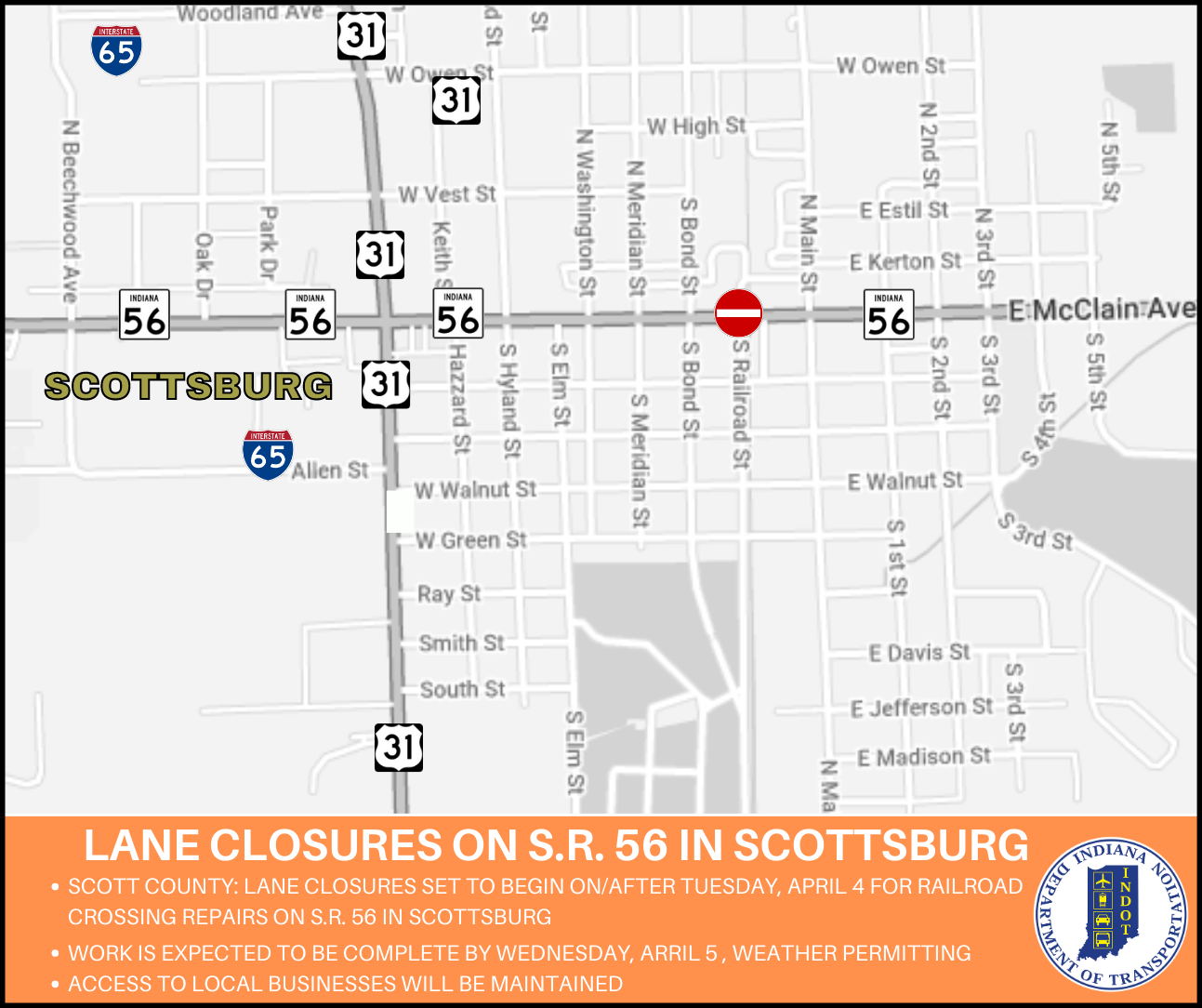 S.R. 56 railroad crossing to close for repairs in Scottsburg