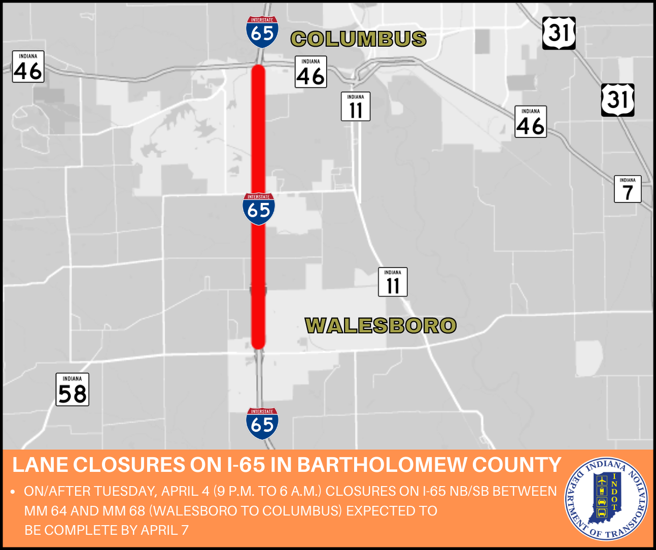 Nighttime lane closures set to begin tomorrow night for I65 in Bartholomew County