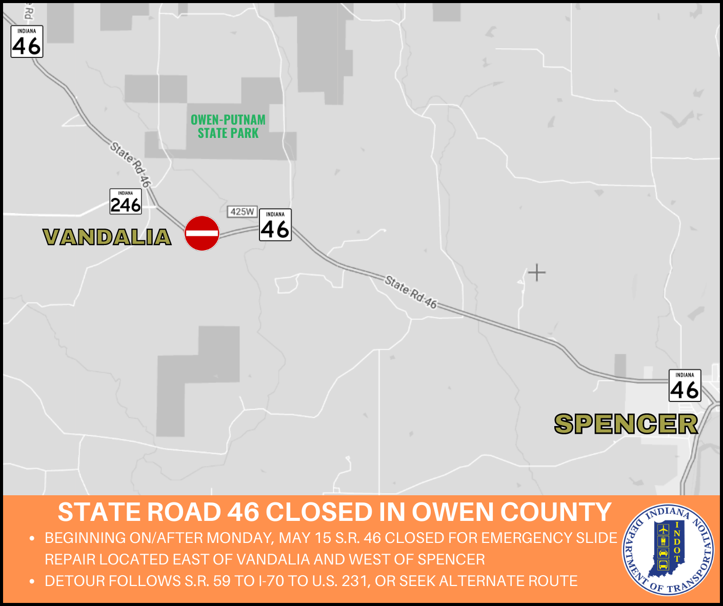 State Road 46 closed for slide correction project in Owen County