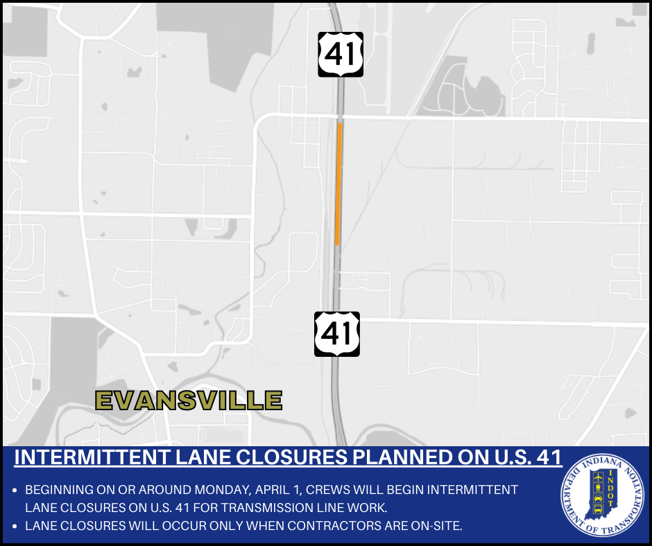 Intermittent lane closures planned for U.S. 41 in Evansville