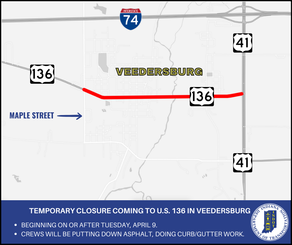 Temporary closure coming to U.S. 136 in Veedersburg