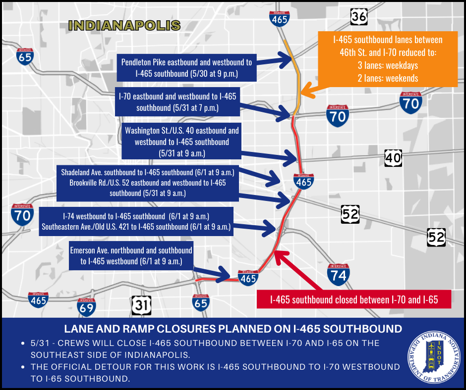 Lane and ramp closures planned on I-465 southbound