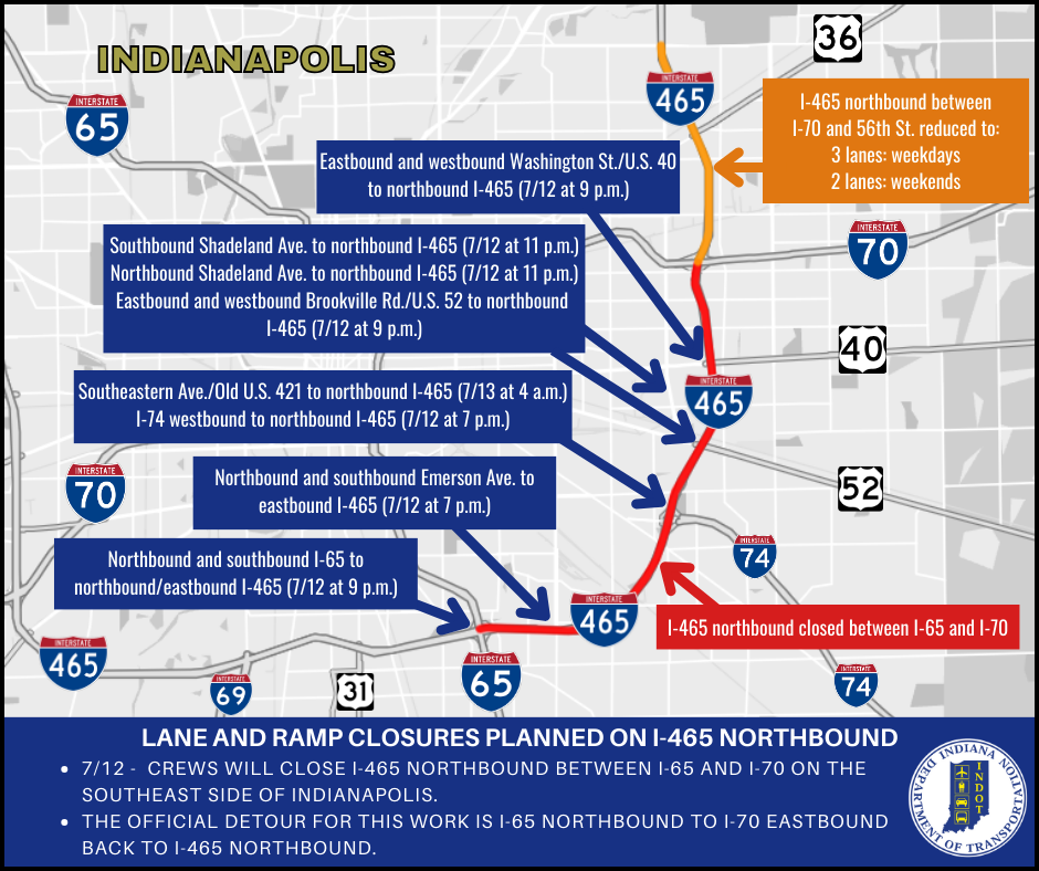 Lane and ramp closures planned on I-465 northbound
