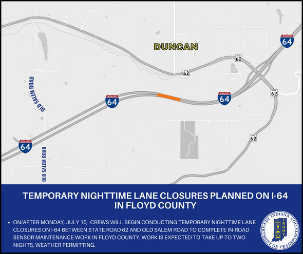 Temporary Nighttime Lane Closures Planned On I-64 In Floyd County