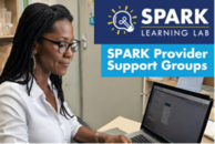 woman smiling using laptop, text reads "SPARK provider support groups"