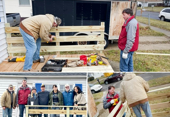 Collage of pictures of volunteers adding a missing front porch railing to a home