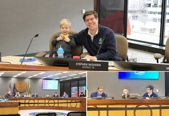 Image collage of Sam, Board Commissioner's son, at the meeting