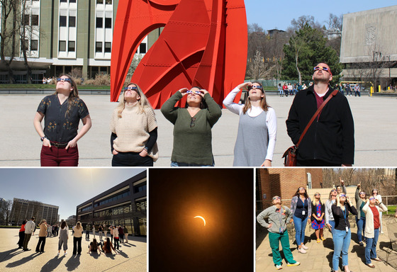 collage of images of staff looking at the eclipse