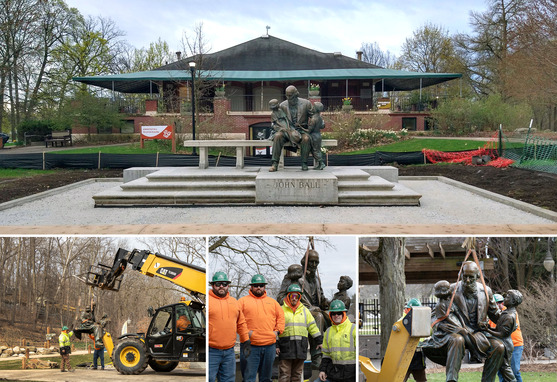 Image collage of John Ball statue being moved