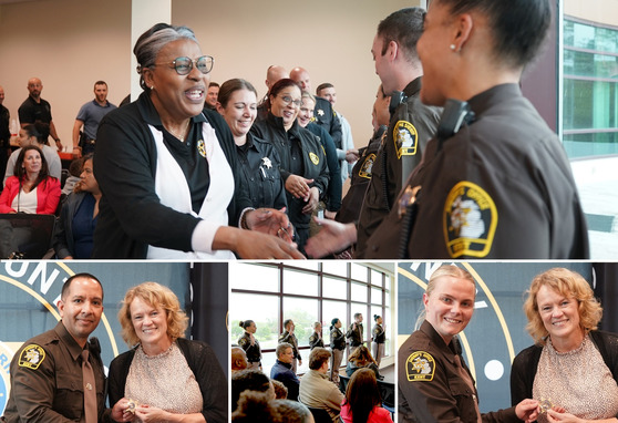 Collage of corrections officers being congratulated and swarn in