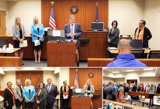 Image collage of press conference for domestic violence specialty court