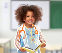 Image of a child with a drawn doctors outfit on top of her