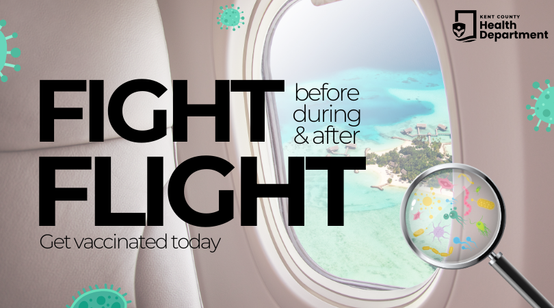 Text States ' Fight Before, During, and After Flight by Getting Vaccinated Today' with an Image of an Interior Airplane Window