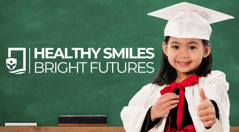 Text States 'Healthy Smiles, Bright Futures' with a Picture of a Young Girl Smiling in a Cap and Gown