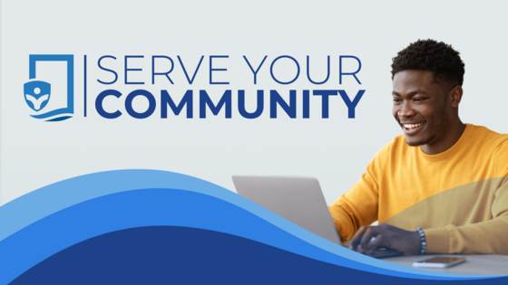 Text States 'Serve Your Community' with a Picture of a Man Smiling While Using a Laptop