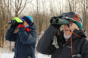 Katie Bolt and Another Birder Look at a Distant Eagle Nest through Binoculars