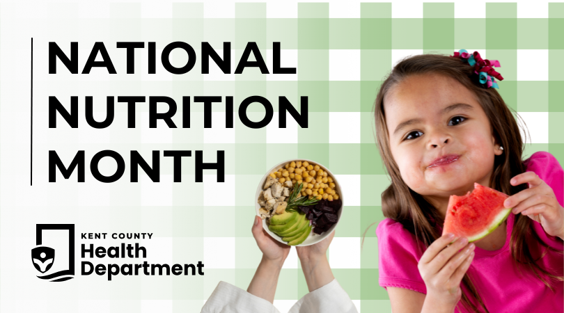 National Nutrition Month Graphic Featuring a Young Girl Eating Watermelon