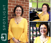 The Kent County Health Department's New Overdose Epidemiologist, Sydney Resler, Strikes Several Professional Poses in a Yellow Dress and Glasses