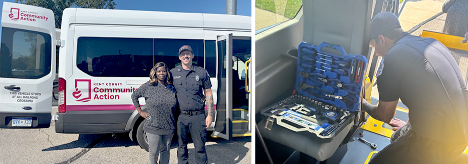 Image of Community Action bus and the Lieutenant who help fix it 