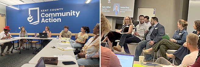 Image collage of a panel discussion and task force group