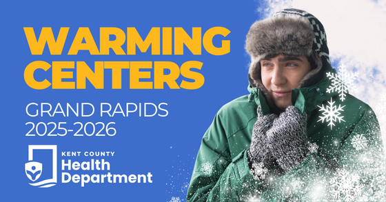 Graphic Showing a Young Man Bundled Up as Snowflakes Surround Him, with Text 'Warming Centers Grand Rapids'