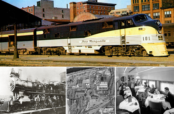 Image collage of Pere Marquette Railway trains and people