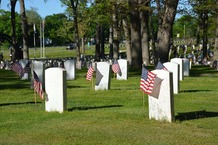 Image of a cemetary with american flags at each grave