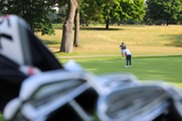 A Group Can Be Seen Golfing at Kaufman Through a Blurred View of Clubs in the Foreground