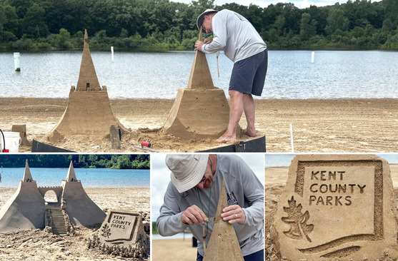 Man making a sand sculpture