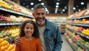 A Father and Daughter Smile While Standing in a Grocery Store