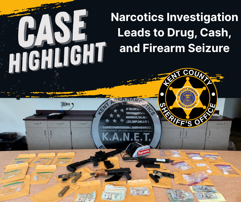 Photo of seized drugs, firearms, and cash on table