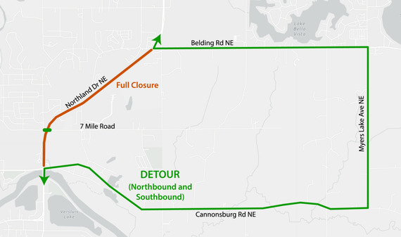 Map shows the detour route, from Belding Rd. NE to Myers Lake Ave. NE to Cannonsburg Rd. NE, for the closure of Northland Drive