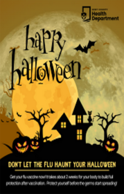 Graphical Display of a Spooky Castle Against a Full Moon with Bats and Pumpkins in the Foreground and Text About Not Letting Flu Haunt Halloween