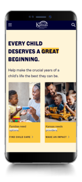 Childcare in Kansas Phone with Childcare in Kansas website pictured on phone screen