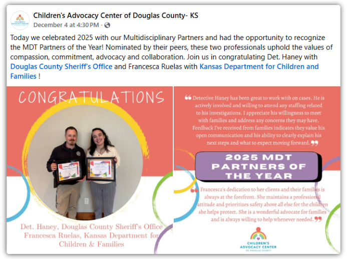 DCF Employee Celebrated for Multidisciplinary Partner of the Year Award: Image capture of Children's Advocacy Center highlighting award on Facebook.
