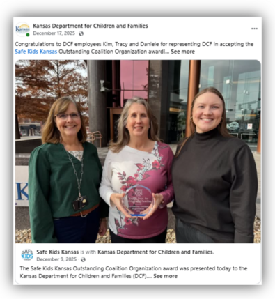 Facebook post featuring DCF employees with Safe Kids Kansas Outstanding Coalition Organization Award