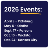 2026 Events Calendar; 4/9 Pittsburg, 5/6 Olathe, 9/17 Parsons, 10/10 Wichita, 10/24 Kansas City