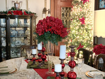Dining room table decorated for Christmas and Christmas tree at the Warkentin House