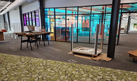 Library children's area featuring multi-color tinted glass