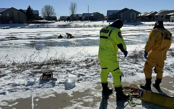Fire/EMS staff doing ice rescue training at Springlake Pond