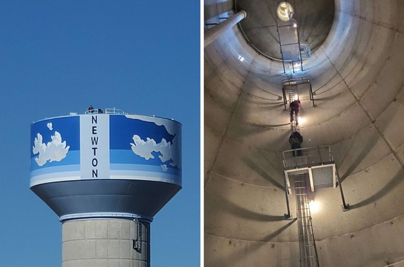 Staff on top of water tower and inside tank doing inspections