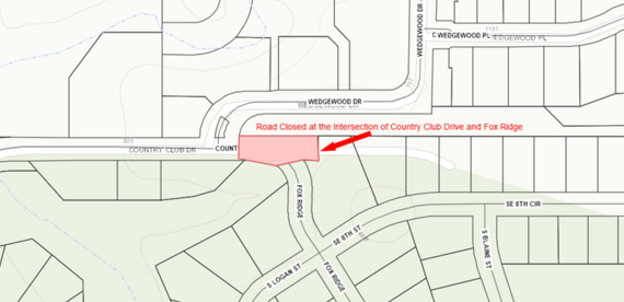 Map showing road closure at Country Club