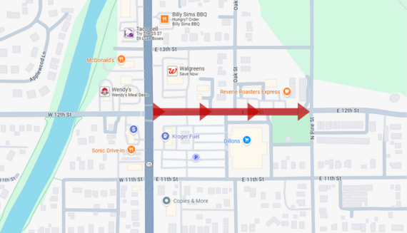 Map showing eastbound only traffic on E 12th Street