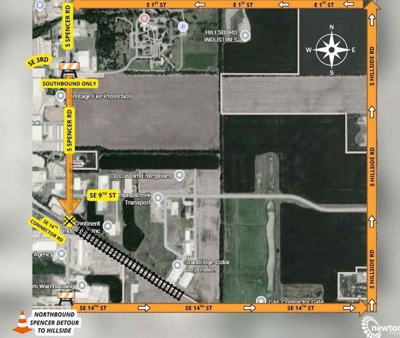 Map showing that Spencer traffic is southbound only, and northbound traffic is detoured east on Southeast 14th Street to Hillside