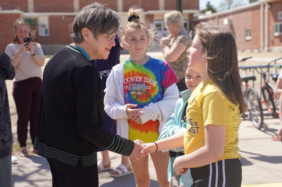 Governor Kelly meets students in Ellis during an April trip to discuss challenges rural schools face