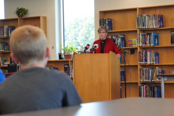 Governor Kelly speaks with students during a school visit