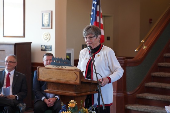 Governor Kelly at a transportation event in Dodge City. Dodge City will receive a new EV charging station